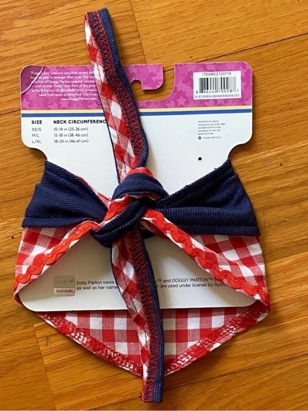 Dolly Parton Navy blue jean & Red Check Dog Bandana - XS/S